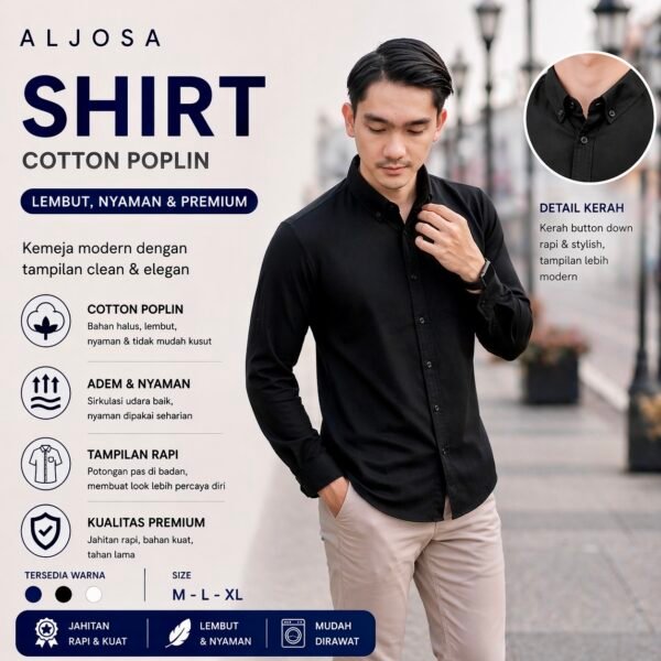 Kemeja Polos Pria Lengan Panjang Hitam — ALJOSA