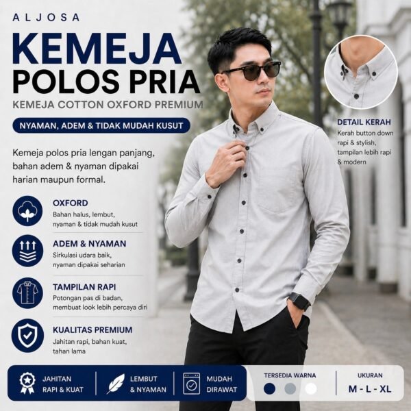 Kemeja Polos Pria Lengan Panjang Soft Grey — ALJOSA